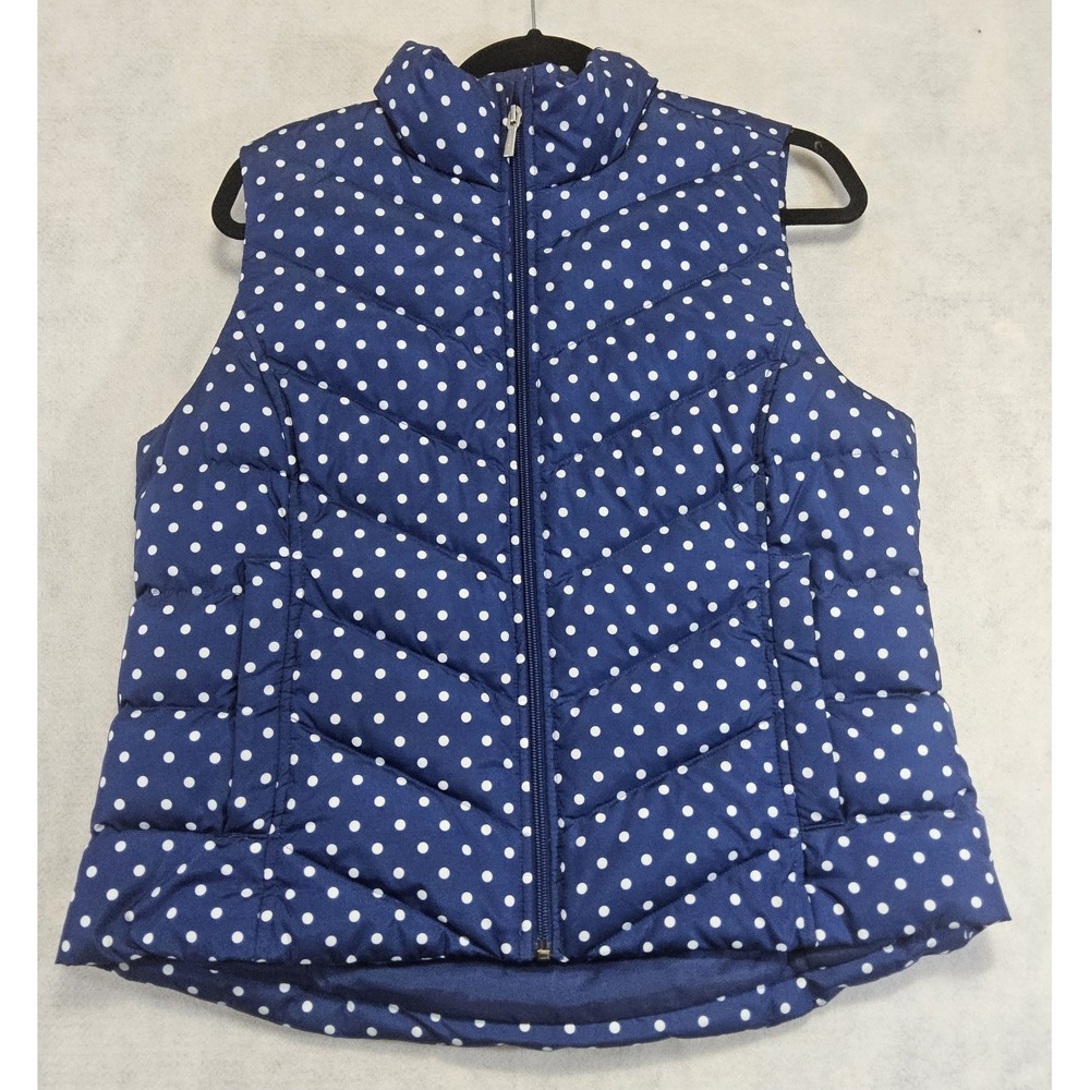 Lands End Down Puffer Vest Womens M P MP 10 Petite Blue White Polka Dot‎ Quilted